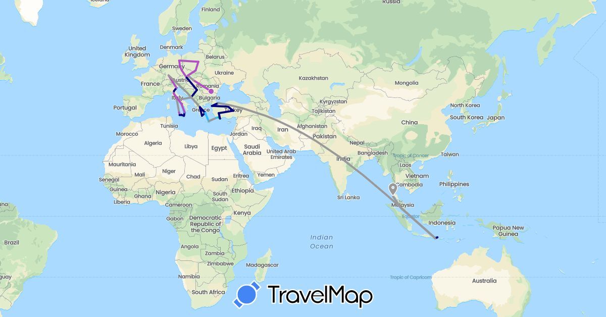 TravelMap itinerary: driving, bus, plane, train, boat in Austria, Czech Republic, Germany, Greece, Croatia, Hungary, Indonesia, Italy, Malaysia, Poland, Romania, Serbia, Thailand, Turkey (Asia, Europe)